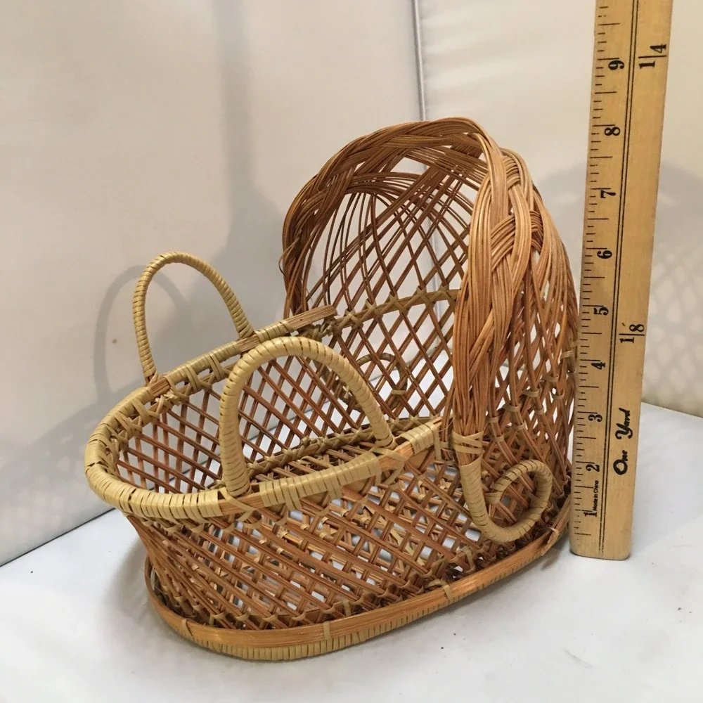 Wicker Doll Bassinet Miniature Small Tan Rattan Hooded Cradle Basket Cottagecore